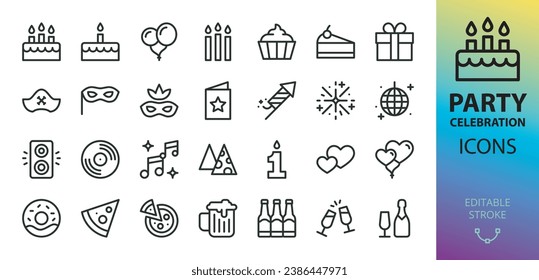 Party isolated icons set. Set of happy birthday celebration, cake, fireworks, heart balloons, party speaker, number candle, pirate hat, carnival mask, gift box, disco ball, beer mug vector icon