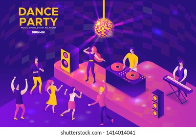 Party isometric concept, dj playing club disco music, 3d vector illustration, dancing people, nightclub, dance music, holiday event poster, corporate gig, violet, yellow, pink, clubbing cartoon men