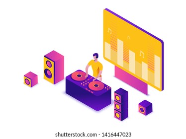 Party isometric concept, dj playing club disco music, 3d vector illustration, dancing people, nightclub, dance music, holiday event poster, corporate gig, violet, yellow, pink, clubbing cartoon men