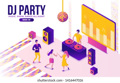 Party isometric concept, dj playing club disco music, 3d vector illustration, dancing people, nightclub, dance music, holiday event poster, corporate gig, violet, yellow, pink, clubbing cartoon men