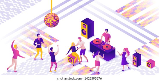 Party isometric concept, dj playing club disco music, 3d vector illustration, dancing people, nightclub, dance music, holiday event poster, corporate gig, violet, yellow, pink, clubbing cartoon men