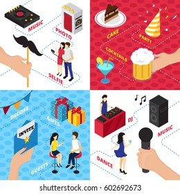 Party isometric design concept with decorations gift boxes character clothes alcohol drinks audio gear and people vector illustration