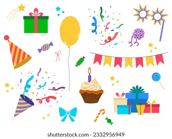 Party items collection. Party hat, balloon, cake, gifts, candy, bow and etc. Vector illustration