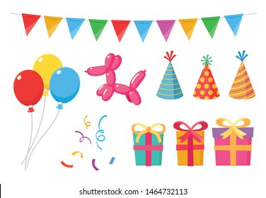 Party items set pack with balloons, gifts, boxes, flags, streamers, and hats.