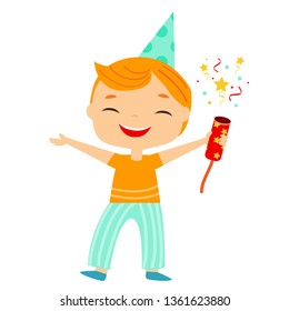 Party kid. Boy with cracker having fun. Cartoon happy child character for Birthday, celebration and holidays design
