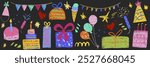 Party kids chalk hand drawing big set. Decoration festive happy birthday holiday items: cakes, candles, gift boxes, balloons, garlands, hats. Pencil freehand isolated vector illustration collection