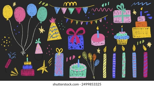 Party kids chalk hand drawing big set. Decoration festive happy birthday holiday items: cakes, candles, gift boxes, balloons, garlands, hats. Pencil freehand isolated vector illustration collection