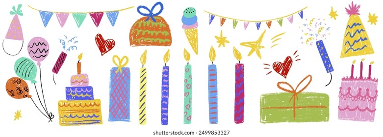 Party kids chalk hand drawing big set. Decoration festive happy birthday holiday items: cakes, candles, gift boxes, balloons, garlands, hats. Pencil freehand isolated vector illustration collection