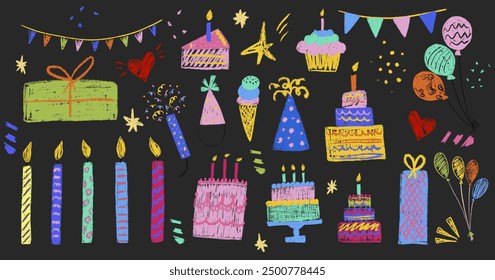 Party kids chalk hand drawing big set. Decoration festive happy birthday holiday items: cakes, candles, gift boxes, balloons, garlands, hats. Pencil freehand isolated vector illustration collection