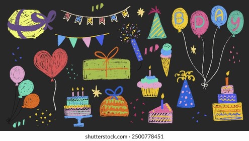 Party kids chalk hand drawing big set. Decoration festive happy birthday holiday items: cakes, candles, gift boxes, balloons, garlands, hats. Pencil freehand isolated vector illustration collection