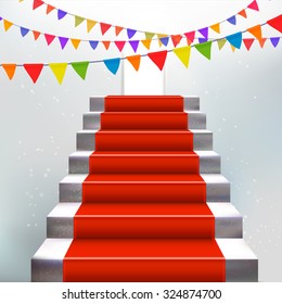 Party with ladder and red carpet concept. Holidays flags. Award presentation. Invite illustration.