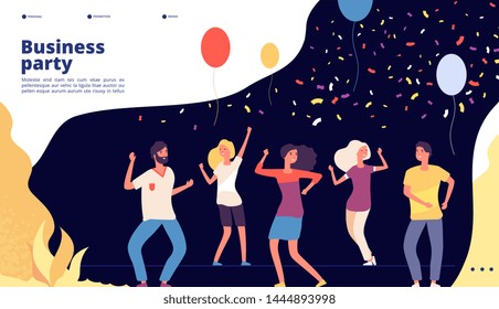 Party landing. Happy young persons dance, celebrate on corporate business party, joyful crowd dancing web page vector design. Party company together, celebrate colleague illustration
