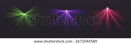 Party laser beams, disco show spotlights, concert stage lights. Glowing show lasers. Magic rays for a dance party.