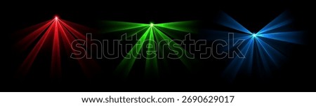 Party laser beams, disco show spotlights, concert stage lights. Glowing show lasers. Magic rays for a dance party.