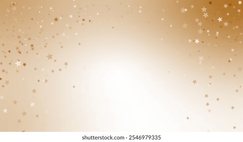 Diseño de fiesta con Espacio para texto y lluvia de confeti sobre un fondo degradado dorado y blanco. Confeti en forma de estrella caída sobre fondo dorado con efecto de malla. Anuncio de fiesta dorado-blanco. No hay texto. 