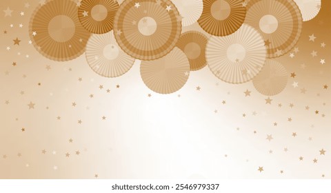 Party Layout With Decorative Paper Rosettes And Falling Star-shaped Confetti. Background with Copy Space, Golden Paper Fans and Confetti Rain. No text. Party Vector Background with Mesh Effect. RGB.
