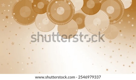 Party Layout With Decorative Paper Rosettes And Falling Star-shaped Confetti. Background with Copy Space, Golden Paper Fans and Confetti Rain. No text. Party Vector Background with Mesh Effect. RGB.