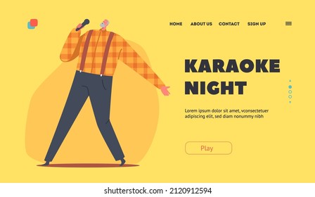 Party and Leisure for Elderly People Landing Page Template. Old Man Performing Song in Karaoke Bar, Dancing and Moving on Stage. Senior Artist Male Character Singing. Cartoon Vector Illustration