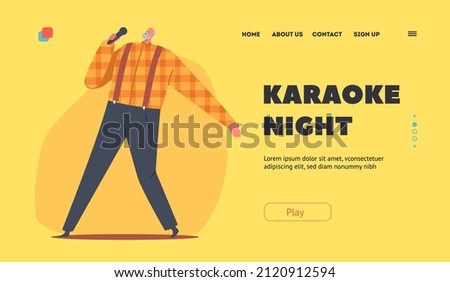 Party and Leisure for Elderly People Landing Page Template. Old Man Performing Song in Karaoke Bar, Dancing and Moving on Stage. Senior Artist Male Character Singing. Cartoon Vector Illustration