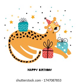 Party leopard hand drawn vector illustration. Happy birthday greeting card or banner with typography. Cute wild cat in a festive hat with gifts. Funny cartoon character of animal. Jungle party