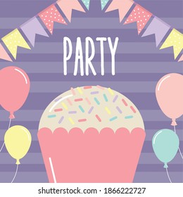 party letterig with cupcake and garlands vector illustration design