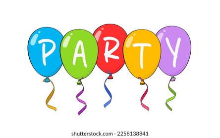 Party lettering with colorful balloons and ribbons. Cartoon. Vector illustration. Isolated on white background