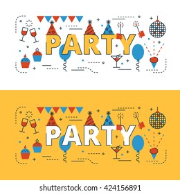 Party lettering flat line design with icons and elements for book cover, report header, presentation,illustration, infographics, printing, website banner and landing page.