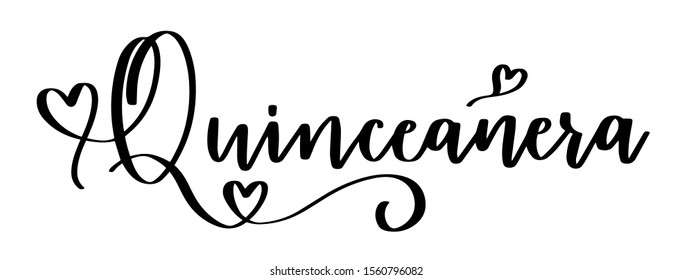 Quinceañera party lettering sign to make invitation card, iron on, decoration. Teenager girl birthday celebration calligraphy with hearts.