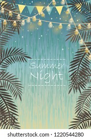 Party light, coconut leaf and party flag frame vector background for decoration on summer or Christmas summer events.