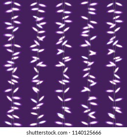 Party lights. Bright hanging garlands with glowing lights isolated on purple background. Seamless vector design element for Holiday cards, valentine's day, Christmas, New Year, birthday. 