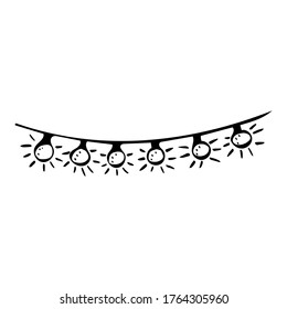 Party lights, garland, isolated simple hand drawn vector illustration in black and white doodle style 