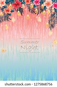 Party lights, hibiscus flowers and palm leaf on sweet pastel background vector for decoration on summer night party event.