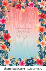 Party lights, hibiscus flowers and palm leaf on sweet pastel background vector for decoration on summer night party event.