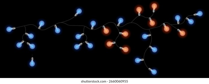 Party lights set icon. Twisted electric string with glowing bulbs in soft yellow and blue tones. Used for celebration decor, events, and cozy mood visuals.