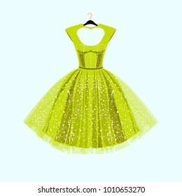 Party lime green dress with fancy decor.Fashion illustration