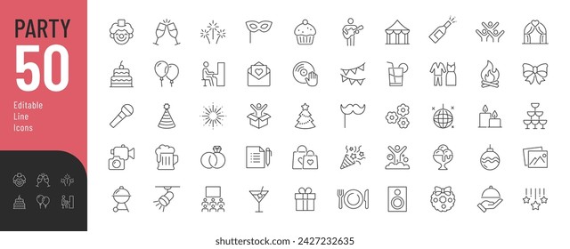 Bearbeitungsfähige Symbole für Partyzeilen festgelegt. Vektor-Illustration in modernem dünnen Linien-Stil der Ereignisse verwandte Icons: Life Musik, Weihnachten,   Geburtstag, Hochzeitsfeier und mehr. Isoliert auf weiß