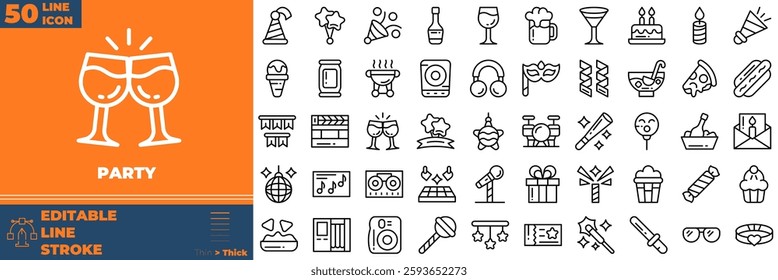 Party Line Editable Icons set. Vector illustration in modern thin line style of party icons: anniversary, happy, celebration, etc