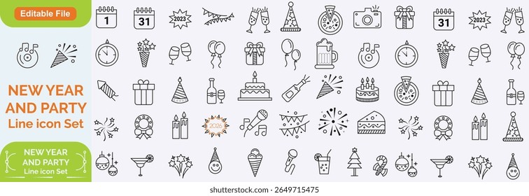 Party Line Editable Icons set. Containing life music, Christmas, birthday, wedding party, and more. Vector illustration
