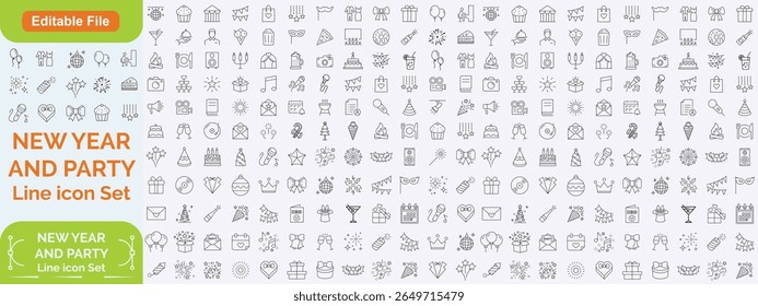 Party Line Editable Icons set. Containing life music, Christmas, birthday, wedding party, and more. Vector illustration