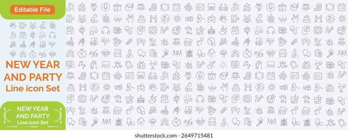 Party Line Editable Icons set. Containing life music, Christmas, birthday, wedding party, and more. Vector illustration