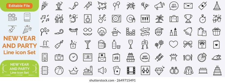 Party Line Editable Icons set. Containing life music, Christmas, birthday, wedding party, and more. Vector illustration