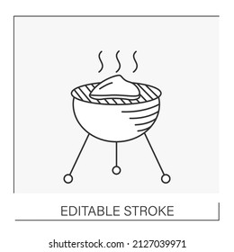  Party line icon. Fry bloody steak on low fire on a grill oven. Tasty dish. Food preparation. BBQ concept. Isolated vector illustration. Editable stroke