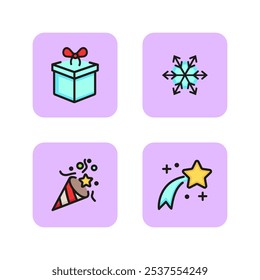 Conjunto de iconos de línea de partido. Arco que aparece de la caja, copo de nieve, galleta de fuego, fuegos artificiales. Concepto de Año Nuevo. La Ilustración vectorial se puede utilizar para el festival, celebración, invierno