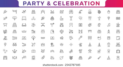 Party line icon set. celebrate, celebration, dancing, music, congrats and more. Party and celebration web icons vector illustration
