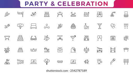 Party line icon set. celebrate, celebration, dancing, music, congrats and more. Party and celebration web icons vector illustration
