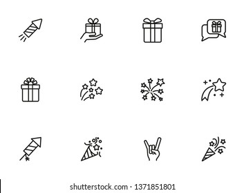 Party line icon set. Crackers, devil horn gesture, gift, firework. Holiday concept. Can be used for topics like celebration, festive event, Christmas, birthday, congratulation, grand opening