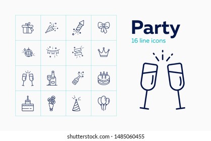 Party line icon set. Decoration, crown, alcohol, dessert, gift. Celebration concept. Can be used for topics like birthday, wedding, surprise, holiday