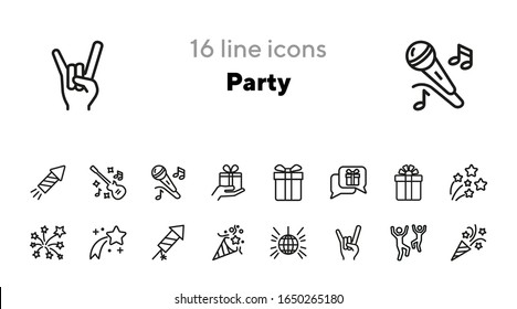 Conjunto de iconos de línea de la parte. Regalo, fuegos artificiales, baile, música. El concepto de animación. Se puede usar para temas como diversión, vacaciones, celebración