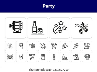 Party line icon set. Guitar, alcohol, dancing people. Holiday concept. Can be used for topics like celebration, music festival, concert