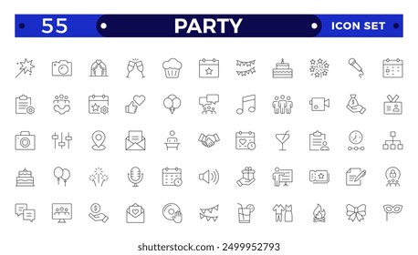 Party line icon set. Included icons as celebrate, celebration, dancing, music, congrats and more.Party, celebration, anniversary elements - thin line web icon set. Outline icons collection.
